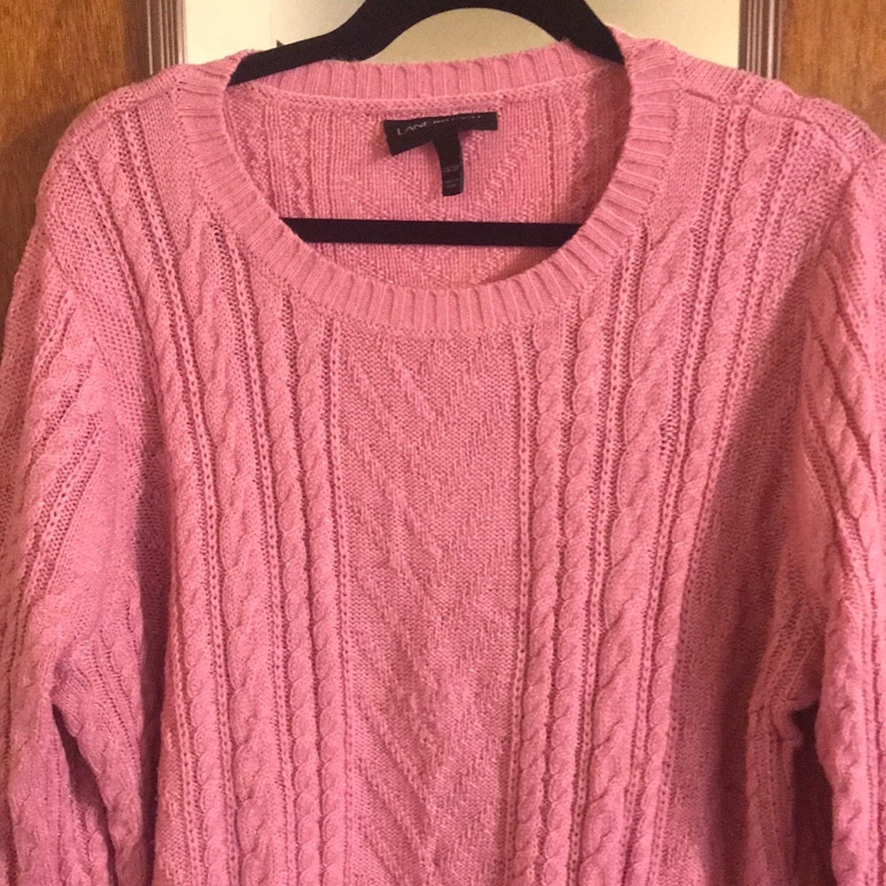 Pink sweater with crew neck.